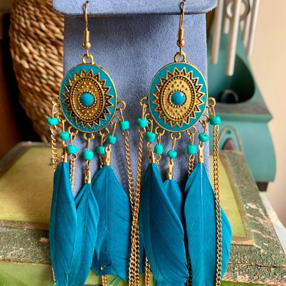 💙 Boho Blue Feather & Gold Tone Chain Long 4" Dangle Earrings - Feather ER - Picture 4 of 8